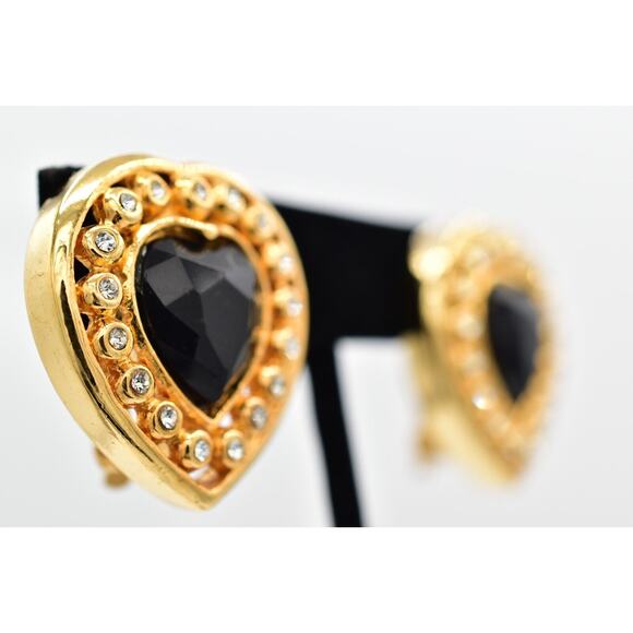 Vintage Crystal Heart Clip On Earrings Black Chunky Gold Heavy NOS 1980s A22 - Picture 4 of 16